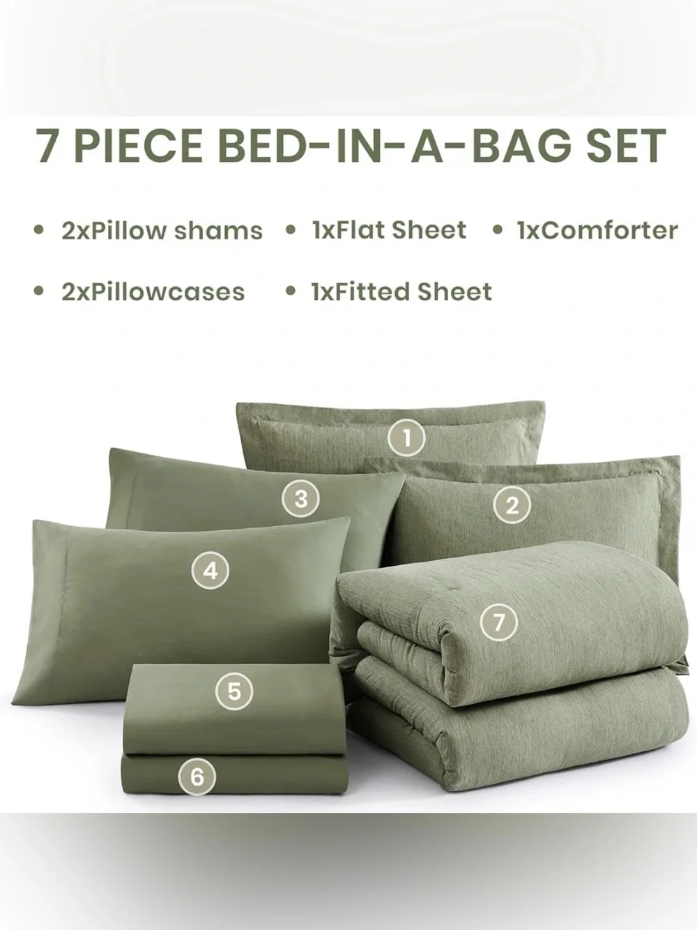 Monbix Olive/Sage Green Queen Comforter Set - 7 Piece All-Season Bedding